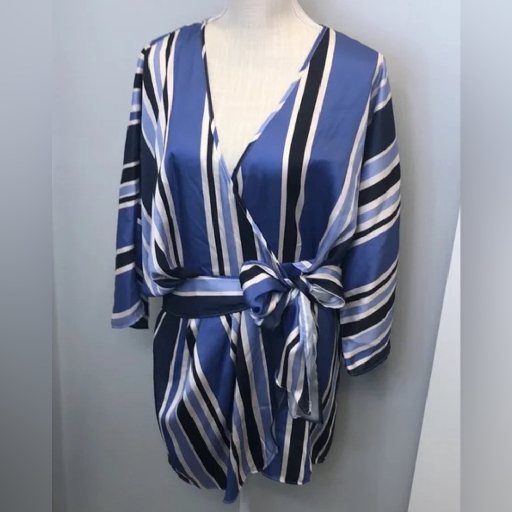 ZARA Spring Blue and White Stripe Satin Wrap Mini Romper Dress - Sz. Small - Picture 6 of 7